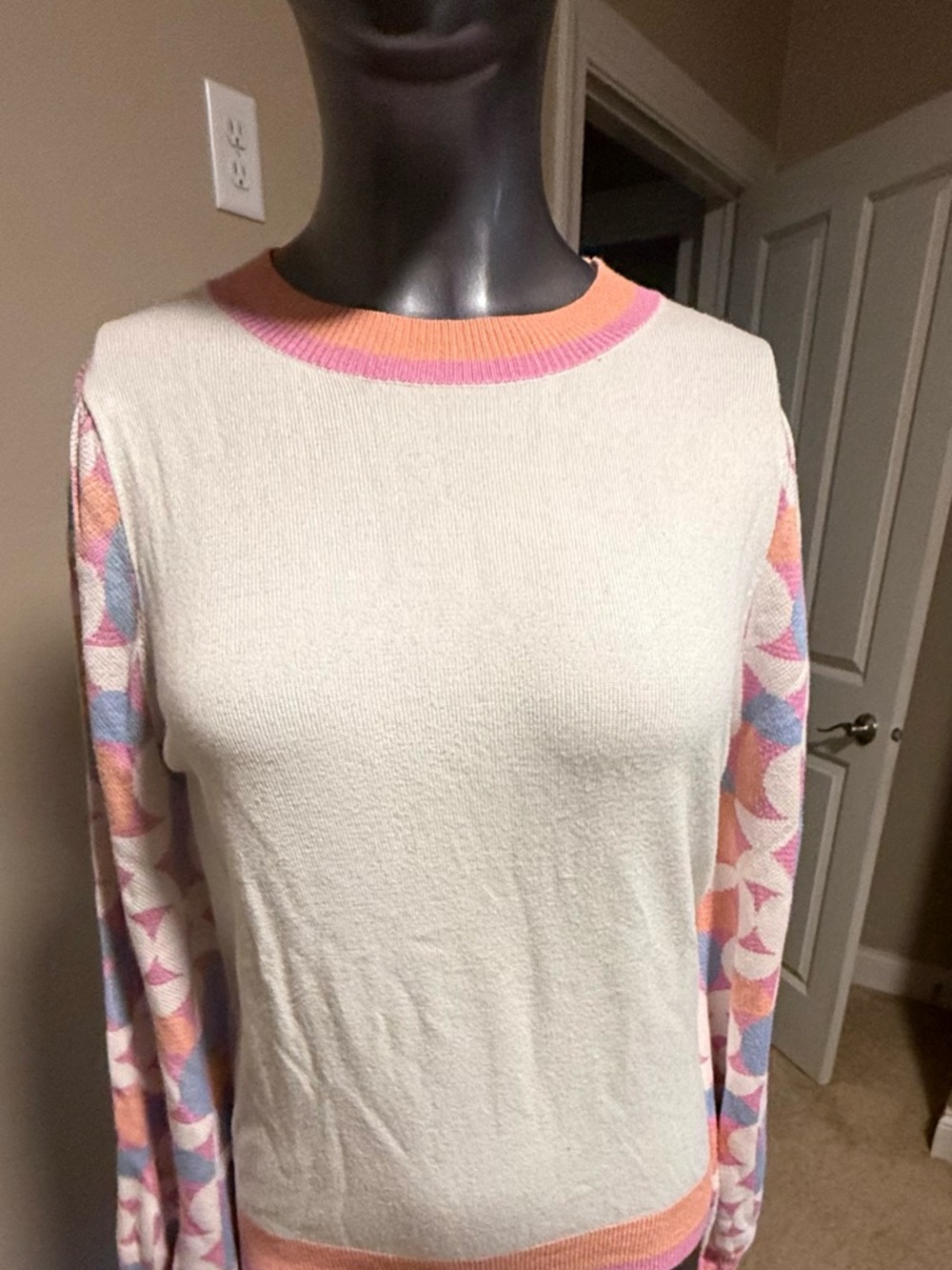 Fate Cream Knit Sweater with Pastel Patterned Sleeves